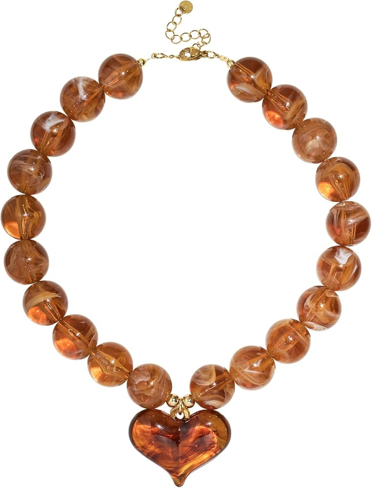 Chunky Resin Heart Necklace, Handmade Amber/Turquoise Beaded Statement Necklace for Women, Gifts ... | Amazon (US)