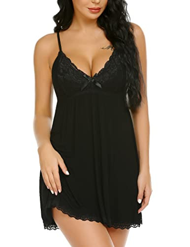 Avidlove Womens Sleepwear Lace Babydoll Sexy Chemise V-Neck Nightgown Modal Nightie(Black,3XL) | Amazon (US)