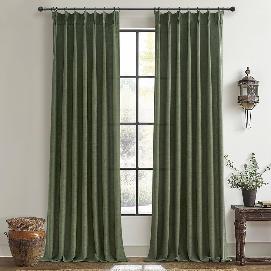 Dark Olive Green Pleat Memory Shape Linen Curtains 84 Inch Length 2 Panels for Living Room, Cotta... | Amazon (US)