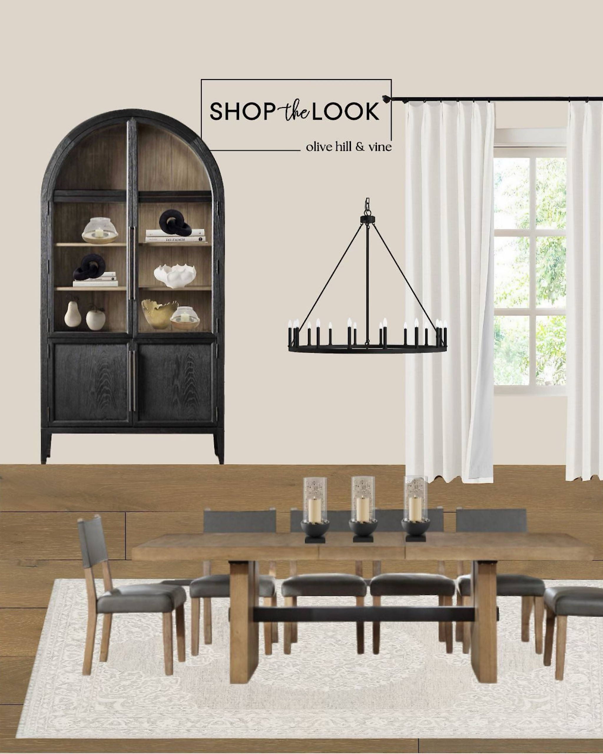 Step into a dining room where timeless charm meets modern flair. An arched bookcase with a black finish and glass doors, an extendable trestle table, and high-back chairs wrapped in faux leather set the stage. Complete the look with dimmable wagon wheel lighting and boho accents. 

#LTKHome #LTKFamily #LTKStyleTip