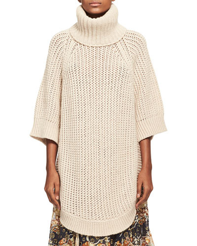Oversized Chunky Open-Knit Turtleneck Poncho, Beige | Neiman Marcus