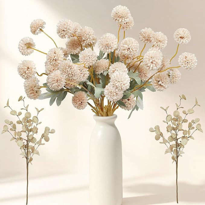 AMORISE 10pcs Begie Fake Flowers for Vase,50 Heads Faux Silk Mums with Eucalyptus,Artificial Flow... | Amazon (US)
