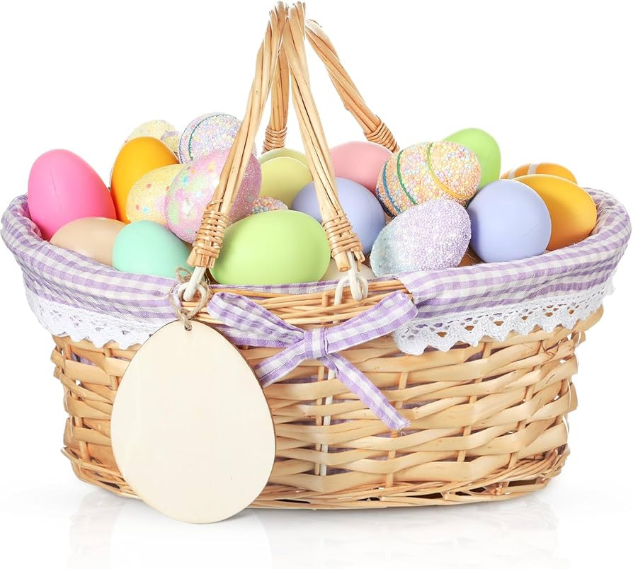 Leinuosen Easter Basket Wicker Picnic Basket with Wooden Egg Cutout Woven Candy Storage Gift Wine... | Amazon (US)