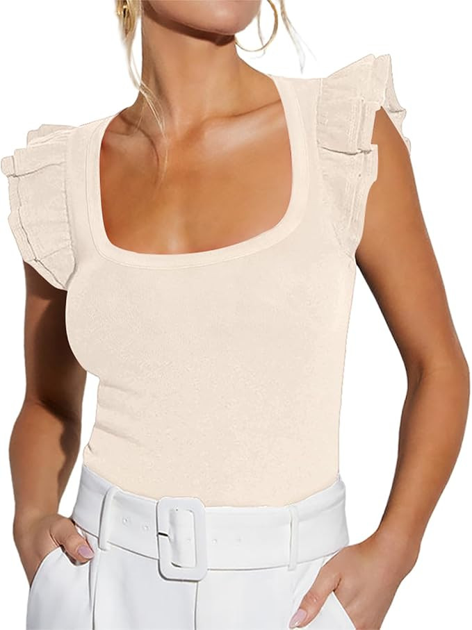 BONITEE Women Summer Ruffle Tops Sexy Square Neck Short Sleeve Shirts Trendy Casual Ribbed Slim F... | Amazon (US)