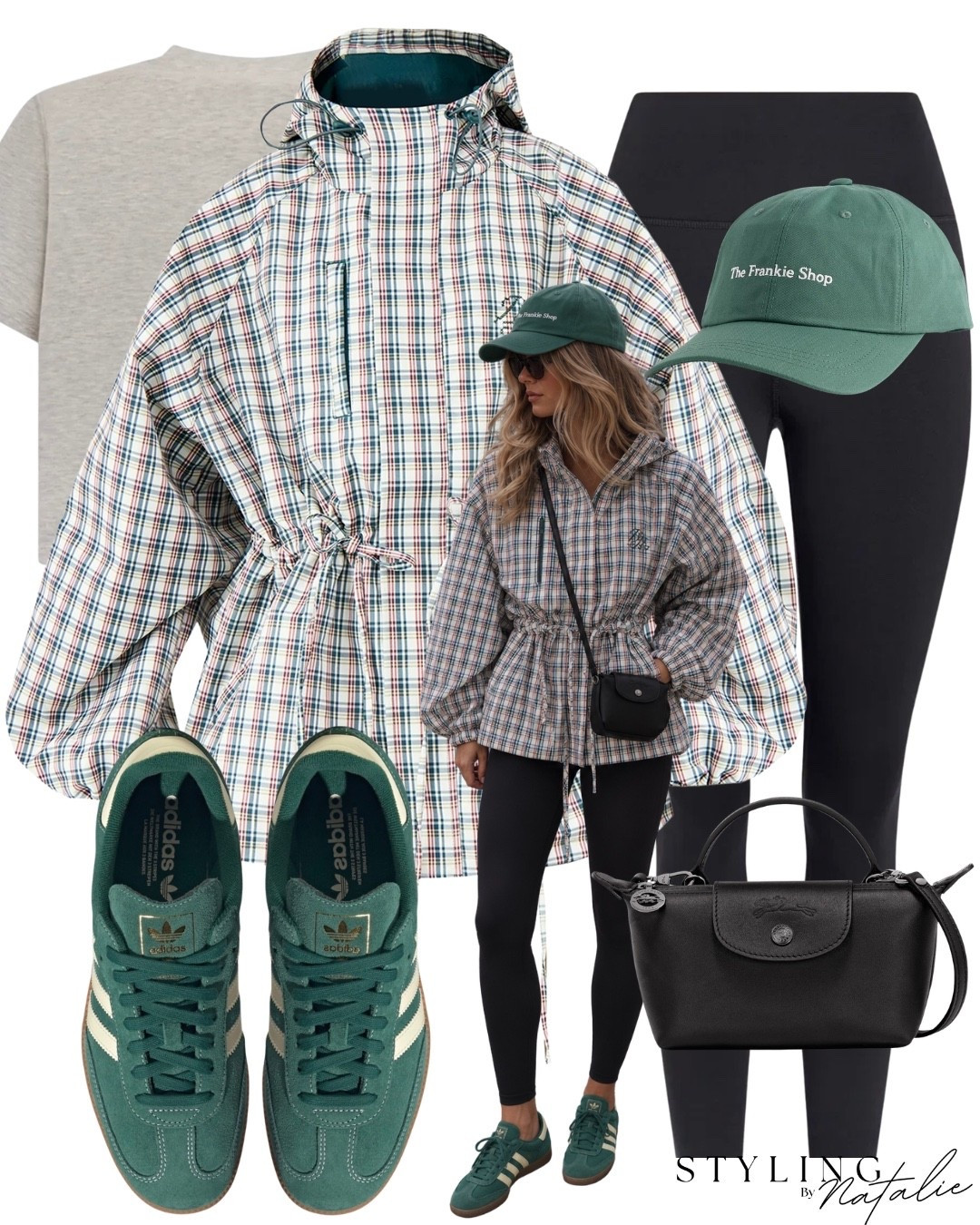 Checkered drawstring waist hooded rain jacket, shoulder padded grey t-shirt, leggings, green Adidas Samba trainers, Frankie shop hat and black longchamp cross body bag.

Autumn outfit, fall outfit, rain coat, checkered print, sneakers, comfy casual

#LTKuk #LTKautumn #LTKeurope
