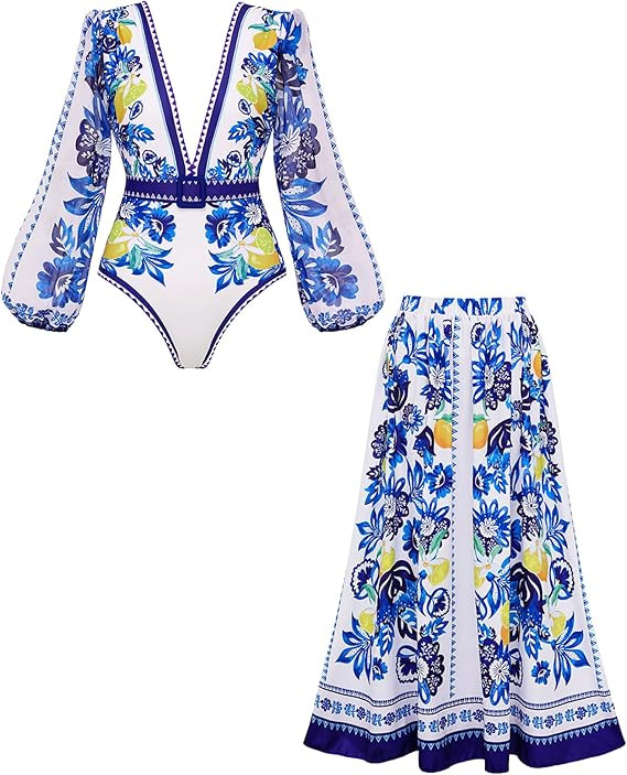 FLAXMAKER Women One Piece Long Sleeve Deep V Neck Grapes Print Long Sleeve Padded Swimsuit Two Pi... | Amazon (US)