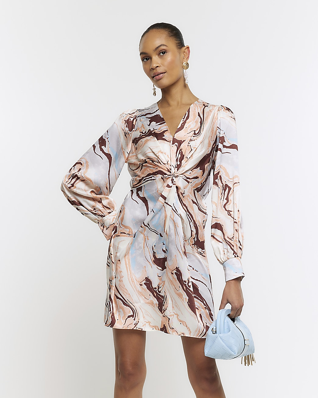 Beige Satin Marble print Shift Mini Dress | River Island (UK & IE)