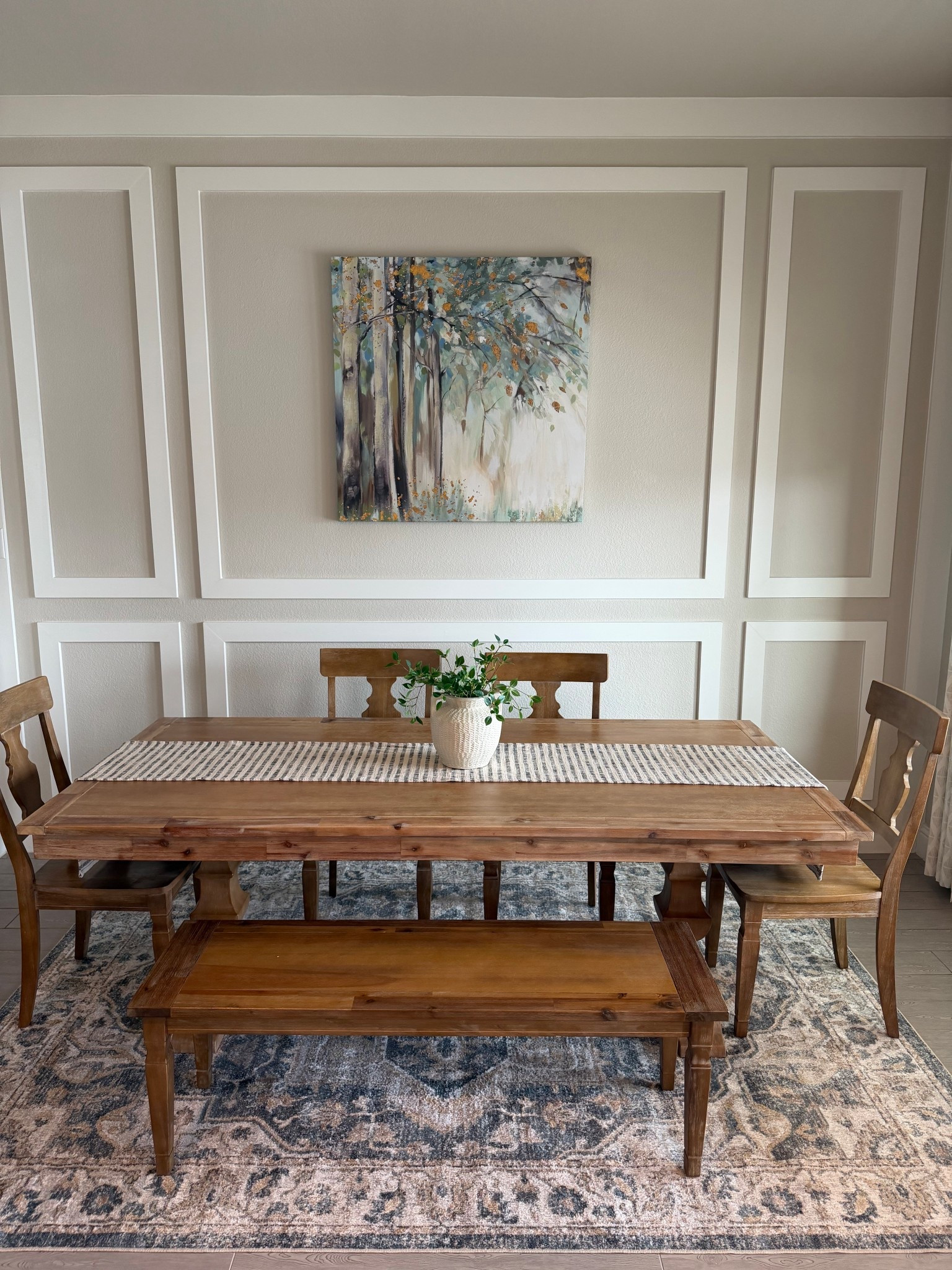 Target 108"x14" Striped Table Runner Khaki/Black • Large Woven Texture Ceramic Vase Cream - Threshold designed with Studio McGee • Nourison Home Astra Machine Washable Area Rug grey/blue color • Dining room table  

#LTKHome #LTKSaleAlert