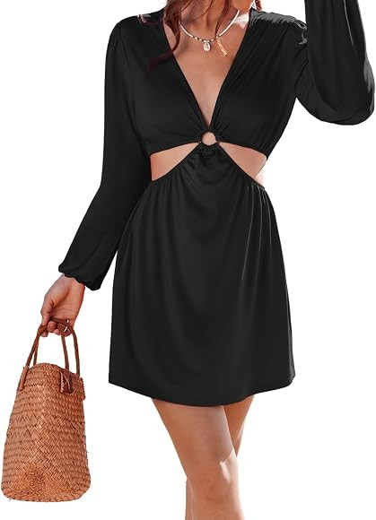 AI'MAGE Women Bathing Suit Coverup Long Sleeve Cover Up Loose Beach Mini Dress Plus Size Swimsuit... | Amazon (US)