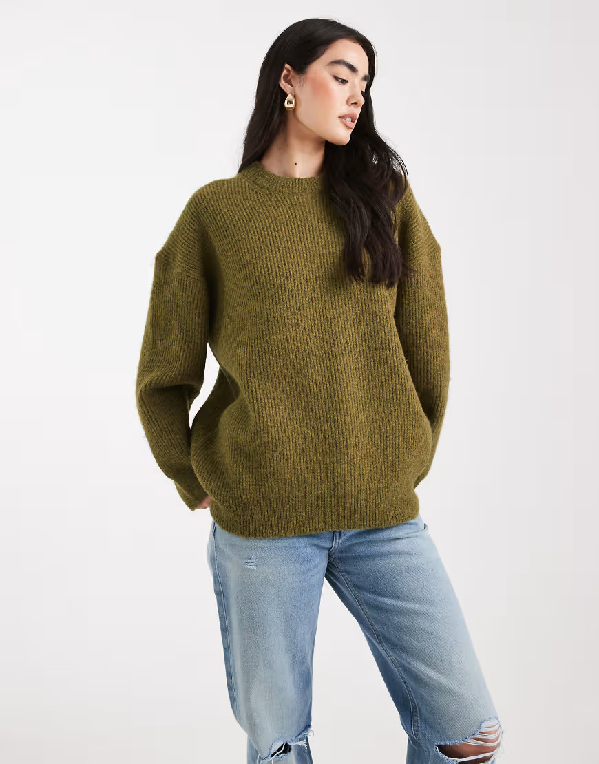 ASOS DESIGN oversized crew neck cocoon sweater in rib in olive-Green | ASOS (Global)