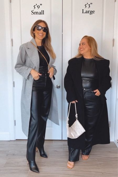 Flattering and gorgeous leather pants and bodysuit for all types of bodies 

I am wearing size 2 long 
Eveline is wearing a size short 

#LTKtravel #LTKcurves #LTKworkwear