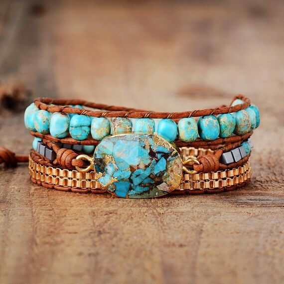 Leather Turquoise Bracelet-Turquoise Gemstone Bracelet-Natural Stone Healing Bracelet-Healing Cry... | Etsy (US)
