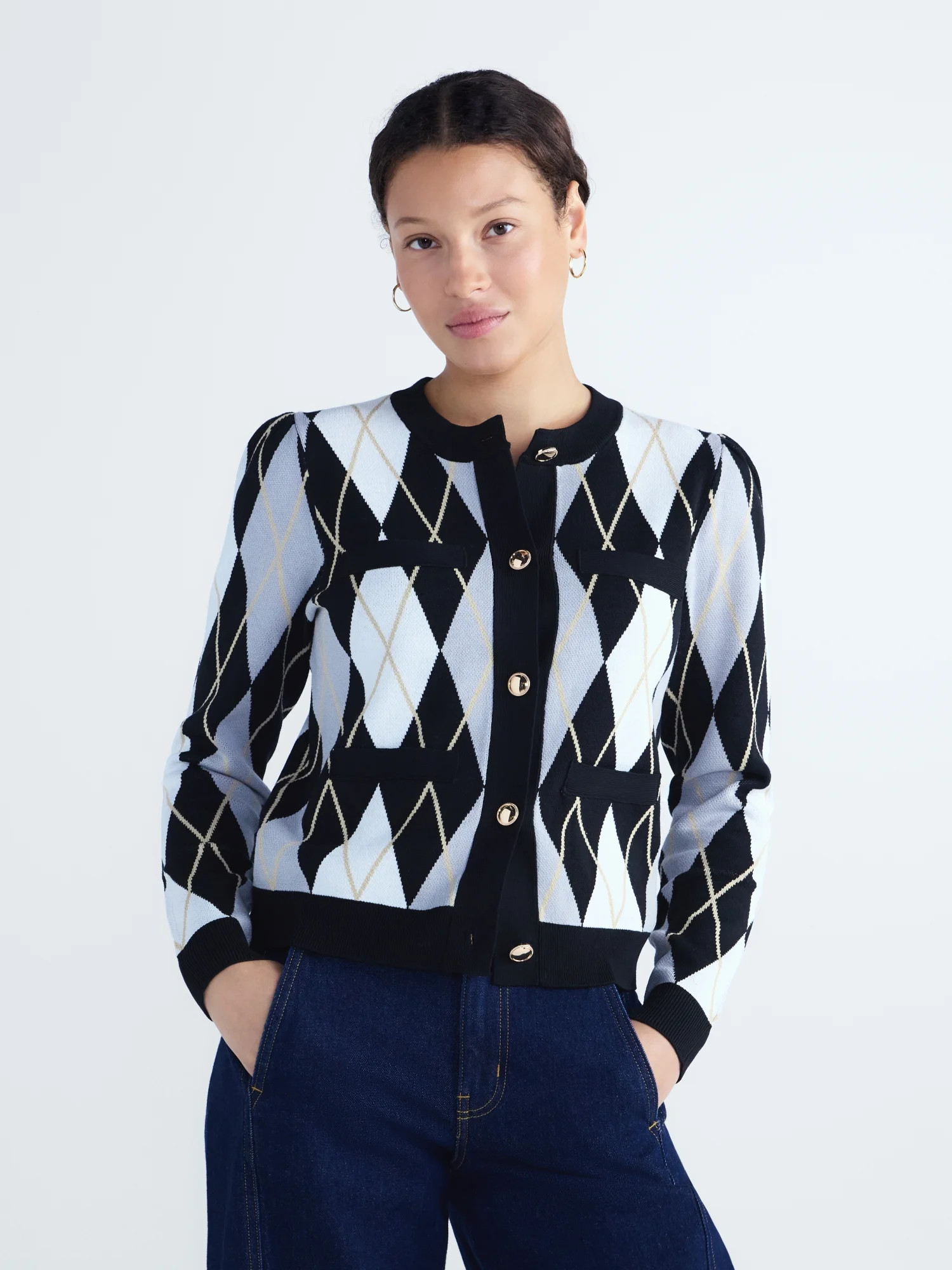 Free Assembly Women's and Women's Plus Crew Neck Cardigan Sweater with Puff Sleeves, Midweight, Sizes XS-4X | Walmart (US)