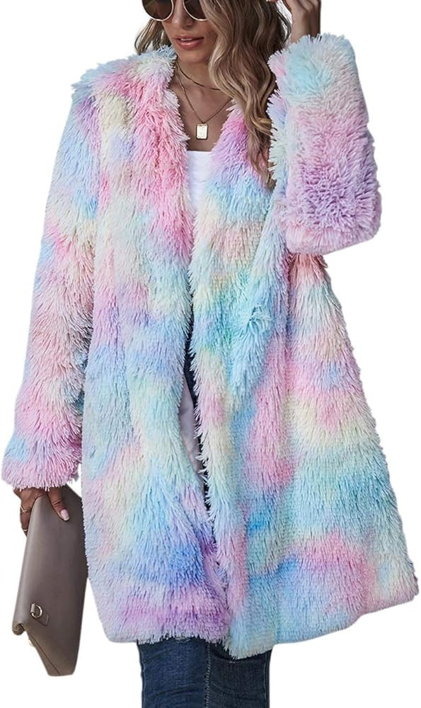 ECDAHICC Women's Rainbow Tie Dye Fuzzy Fleece Long Sleeves Jackets Wool Faux Fur Teddy Bear Long ... | Amazon (US)