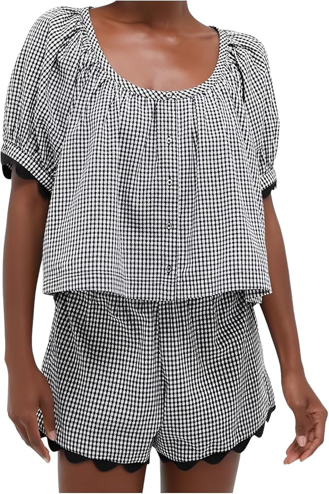 VAOYIU Two Piece Sets for Women Casual Summer Gingham Outfit Puff Sleeve Crew Neck Top Matching S... | Amazon (US)