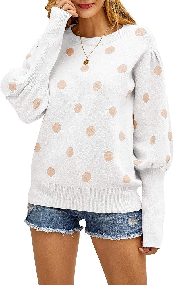 Womens Crewneck Sweaters Cute Polka Dot Puff Long Sleeve Ribbed Cuff Fall Loose Knit Pullover | Amazon (US)