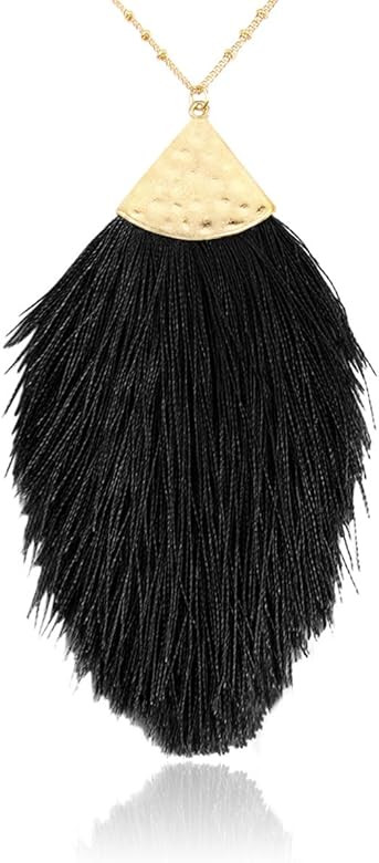 RIAH FASHION Antique Bohemian Silky Thread Fan Tassel Statement Necklace - Vintage Gold Feather Shap | Amazon (US)