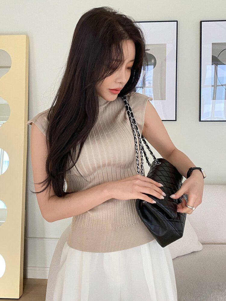 DAZY Solid Rib Knit Stand Neck Knit Top | SHEIN