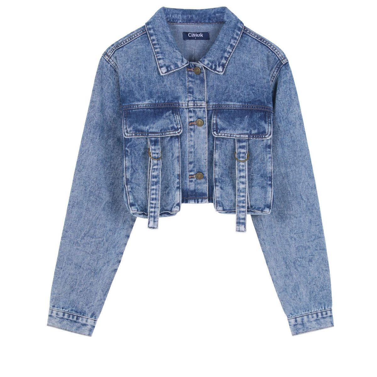 INSPIRE CHIC Women's Crop Turndown Collar Button Down Cargo Pockets Denim Jacket Gray Blue Medium | Target