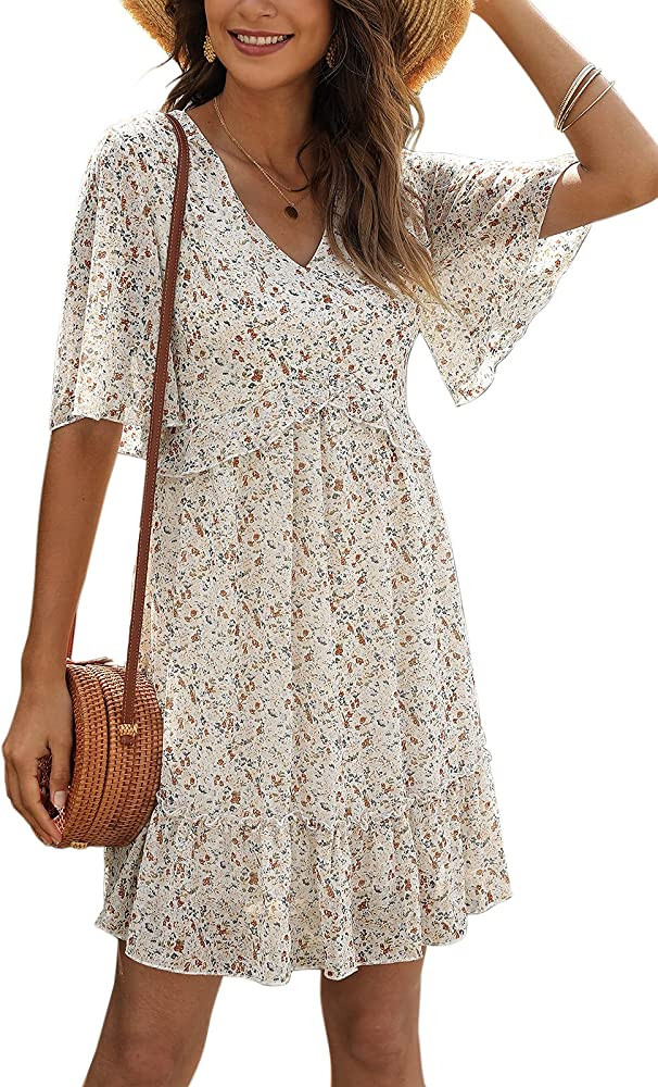 Manydress Women's Summer Floral Print V Neck Casual Mini Boho Ruffle Swing Dress MY068 | Amazon (US)
