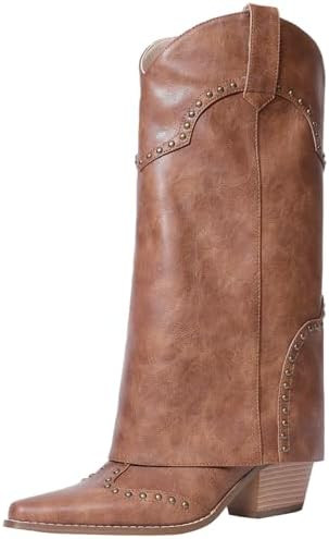 Women Shark Boots Fold Over Mid Calf Chunky Heel Snip Toe Cowboy Cowgirl Pull On Studded Boots fo... | Amazon (US)