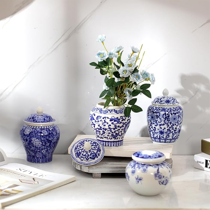Hushee Small Blue and White Ceramic Ginger Jars Blue Chinoiserie Decor Vases Porcelain Ginger Jar... | Amazon (US)