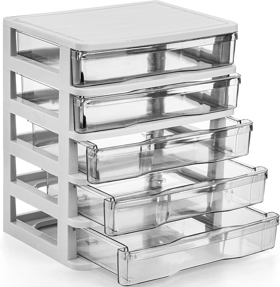 DEAYOU 5 Drawer Desktop Storage Bin Unit, Small Plastic Organizer, White Frame with Clear Drawer,... | Amazon (US)