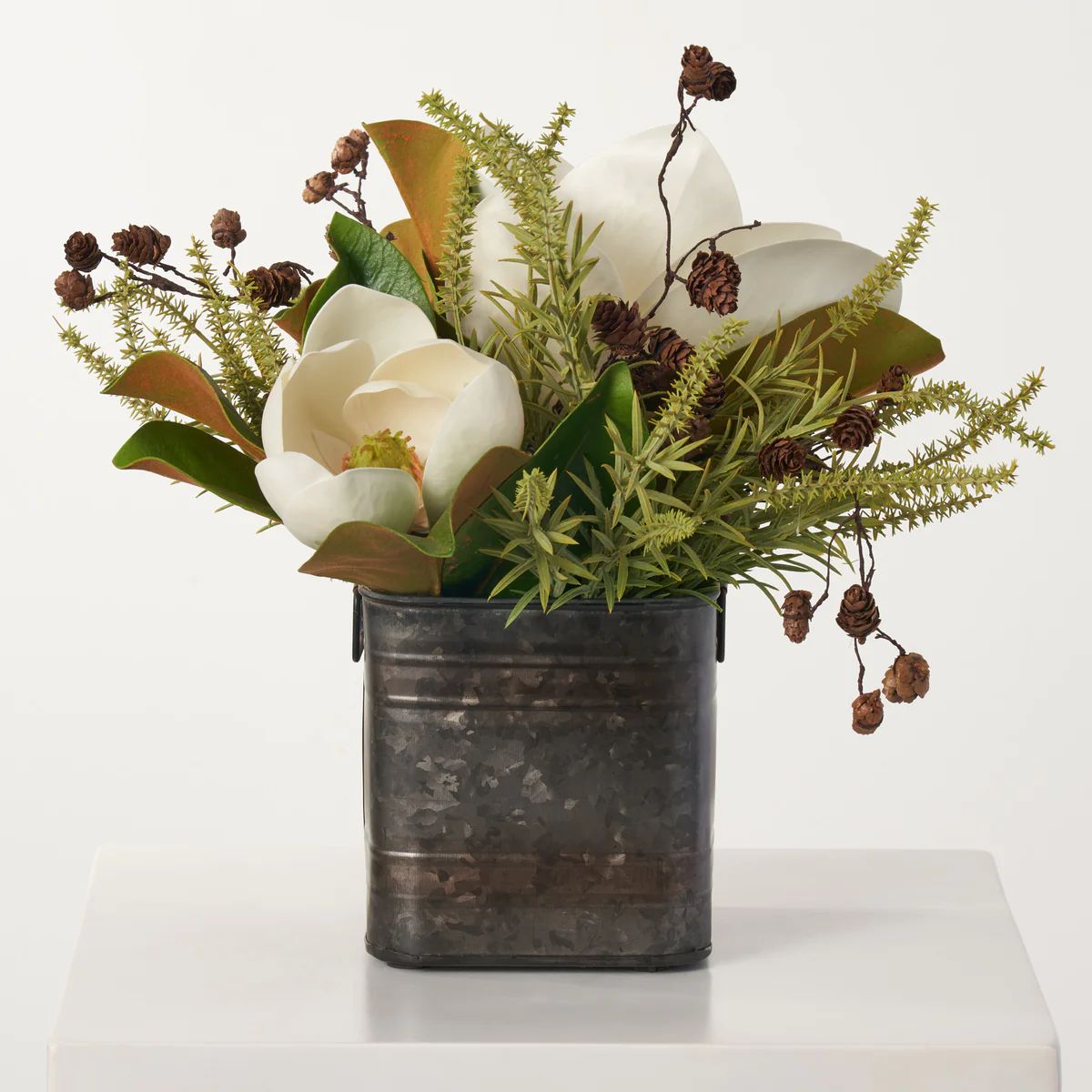 Real Touch Magnolia Blooms Winter Arrangement in Small Galvanized Tin | Darby Creek Trading