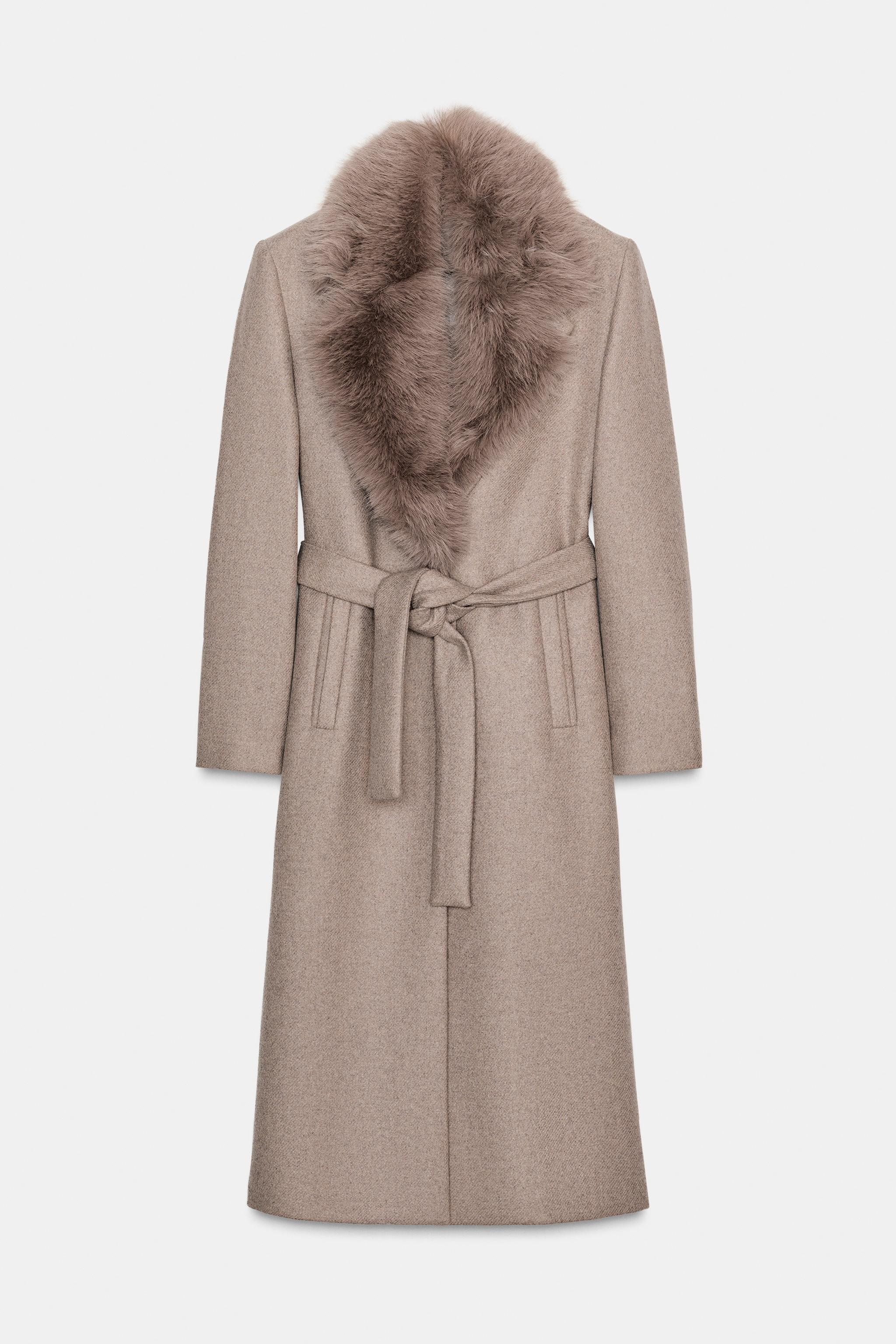 WOOL COAT WITH FAUX FUR LAPEL AND BELT | Zara US
