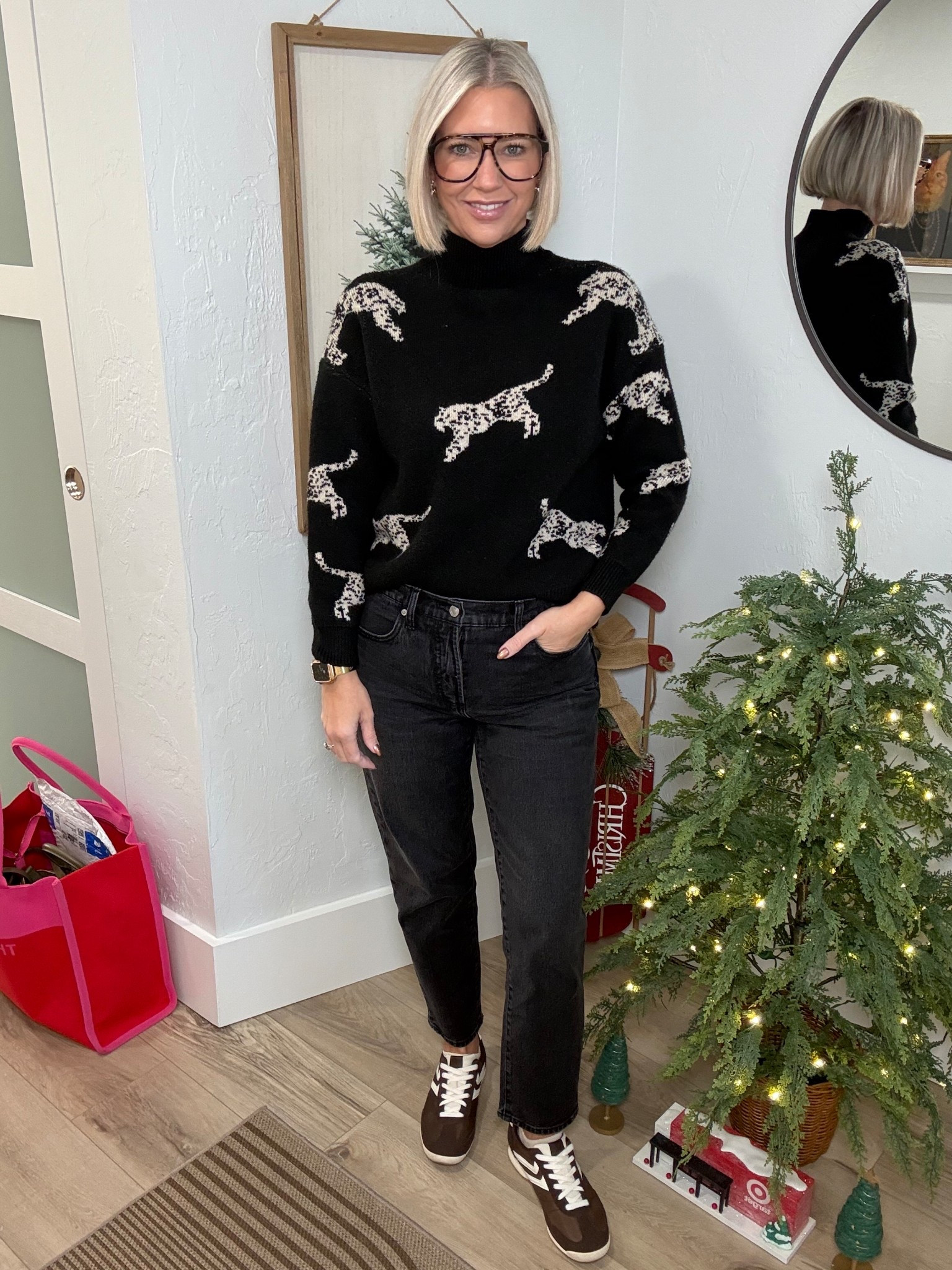 This is my favorite sweater from last year and I was stoked to bring out again! This one’s from Cupshe but I found the exact same from Amazon! I’m wearing a large. 

These are my favorite slim leg jeans from Free Assembly found at Walmart. I’m wearing a 4, and definitely recommend sizing down at least one. 

My brown sneakers are from Walmart as well. 

Casual outfit, fall outfit, leopard sweater, tiger print, jaguar sweater, black jeans, mock neck, 

#LTKFindsUnder50 #LTKStyleTip #LTKOver40