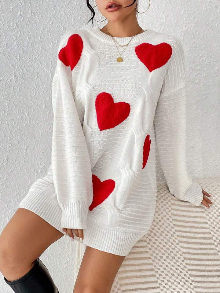 SHEIN Frenchy Heart Pattern Drop Shoulder Sweater Dress | SHEIN
