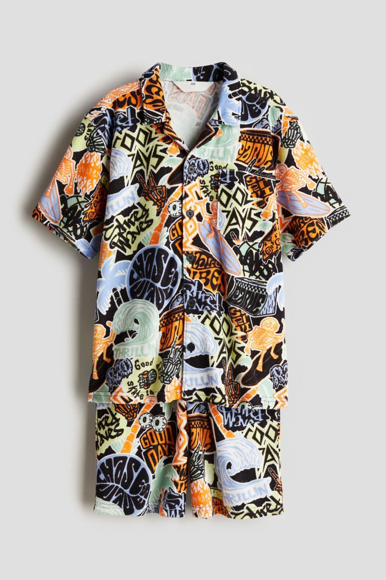 2-piece printed terry set - Regular waist - Short sleeve - Multi-coloured/Patterned - Kids | H&M ... | H&M (UK, MY, IN, SG, PH, TW, HK)