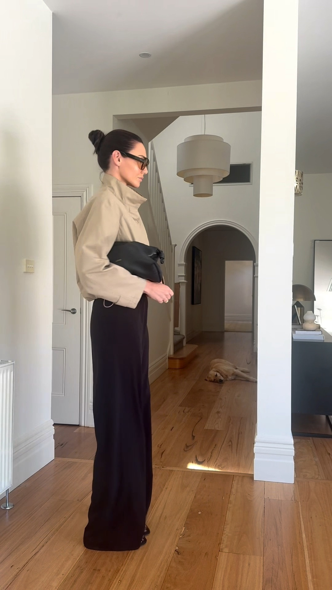 OOTD 

Oversized sunglasses 
Grey sweater/cardigan 
Beige jacket 
Black trousers 
Mesh ballet flats 
Black leather bag 

#LTKaustralia #LTKautumn #LTKstyletip