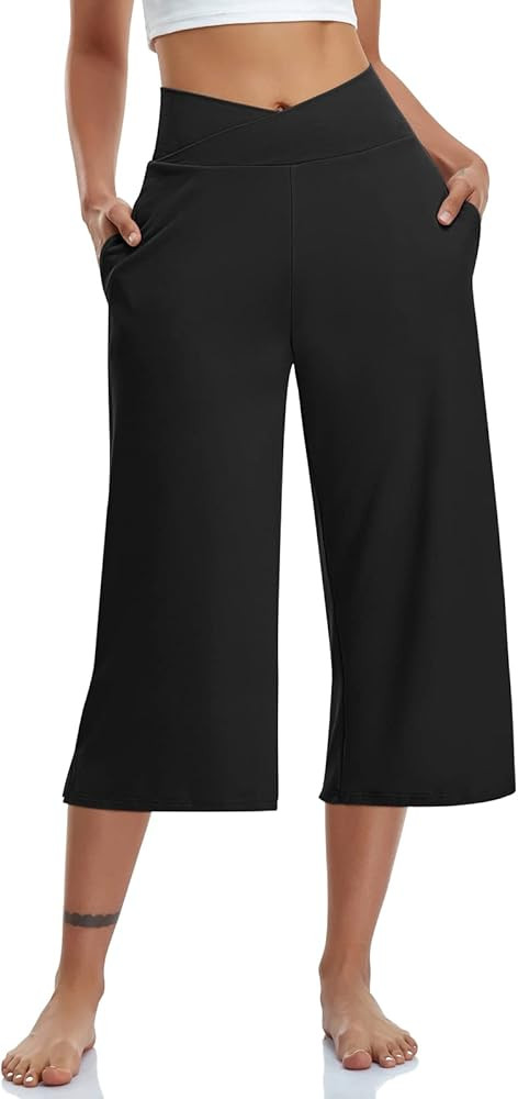 TARSE Womens Casual Wide Leg Yoga Capris Crossover High Waist Capri Pants Loose Soft Pajama Pocke... | Amazon (US)