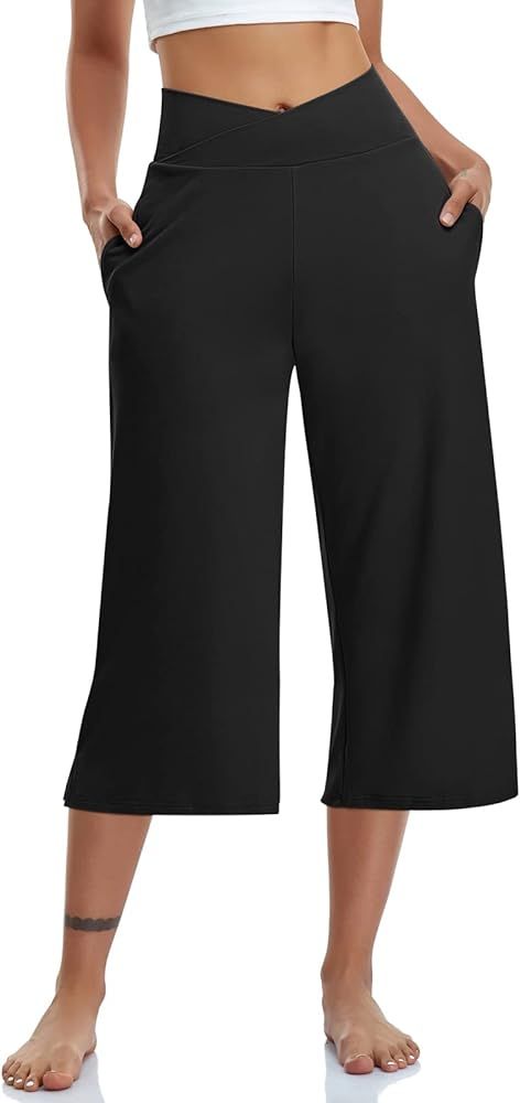 TARSE Womens Casual Wide Leg Yoga Capris Crossover High Waist Capri Pants Loose Soft Pajama Pocke... | Amazon (US)