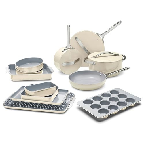 Caraway 23-Piece Nonstick Ceramic Cookware & Bakeware Set – Pots, Frying Pans, Lids, Baking Sheets, Pans, Cooling Rack & Storage – Oven Safe, Non-Toxic – Compatible with All Stovetops - Cream | Amazon (US)