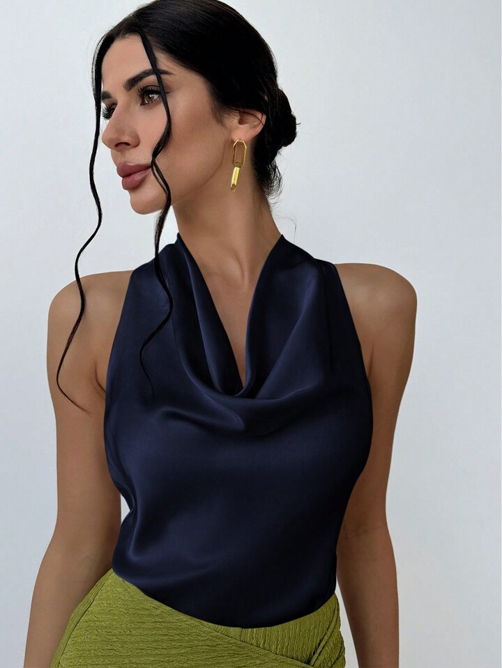 Firerie Aprikose Drapierter Neckholder Schlichte Elegante Damenbluse Mit Krawatte | SHEIN