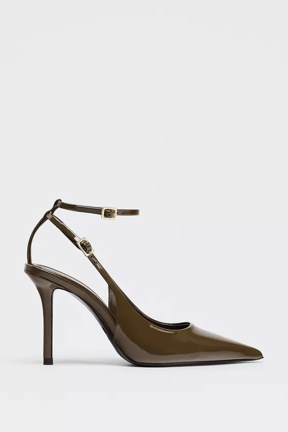 Patent leather slingback heels. Ankle strap with buckle detail. Stiletto heel. Adjustable buckle ... | Zara US