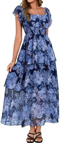 Simplee Womens Floral Wedding Guest Dress Spring Summer 2026 Chiffon Boho Off Shoulder Smocked Ti... | Amazon (US)