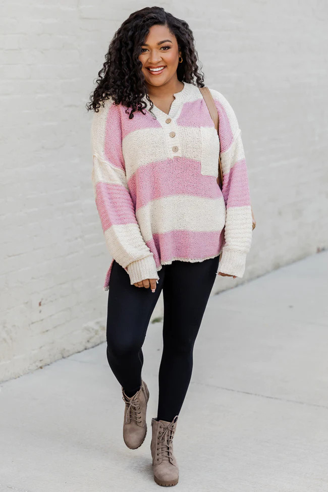 Know You Best Mauve Oversized Striped Henley Sweater FINAL SALE | Pink Lily