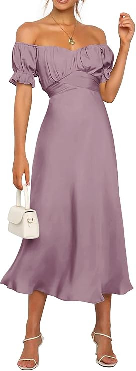 KIRUNDO Women's 2025 Summer Satin Midi Dress Off The Shoulder Wrap Ruched Wedding Guest Party Coc... | Amazon (US)