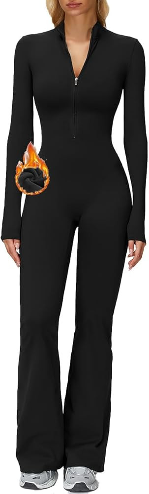 AEEZO Womens Fleece Lined Workout Flared Jumpsuits Zip Up Thermal Yoga Rompers Sexy Wide Leg One ... | Amazon (US)
