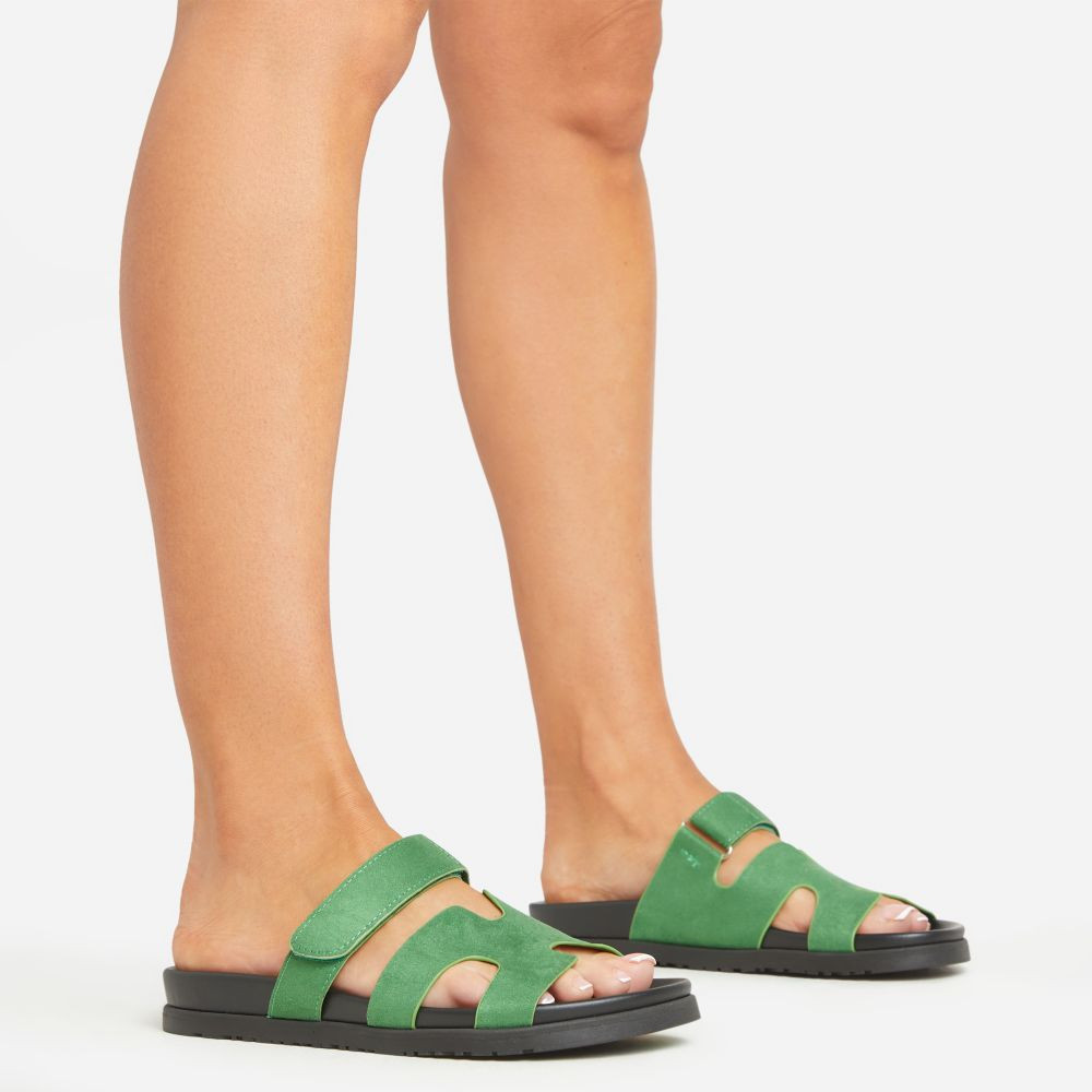 Valerie Gladiator Velcro Strap Flat Slider Sandal In Green Faux Suede | EGO Shoes (US & Canada)