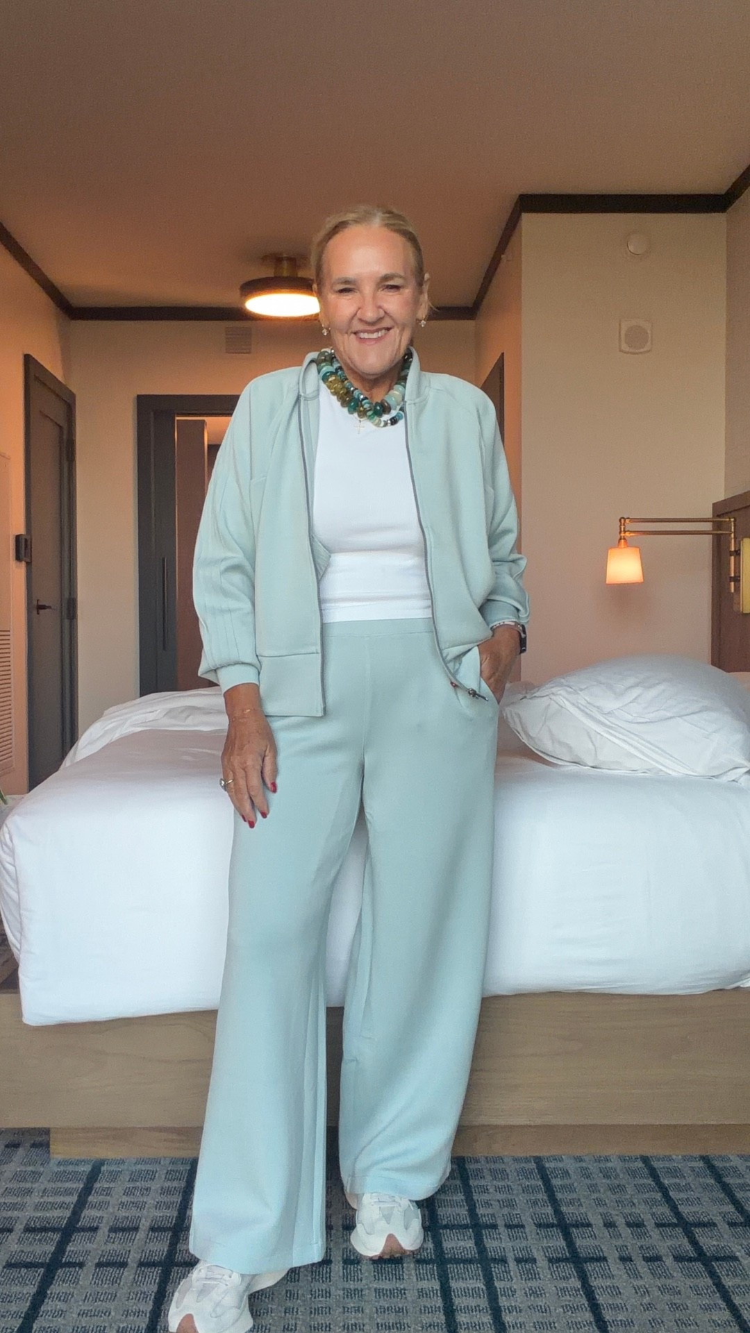 Now this is my kind of travel outfit! The pintuck wide-leg pants give the matching set such a nice shape, and I’m wearing a medium in the top and medium petite in the pants.