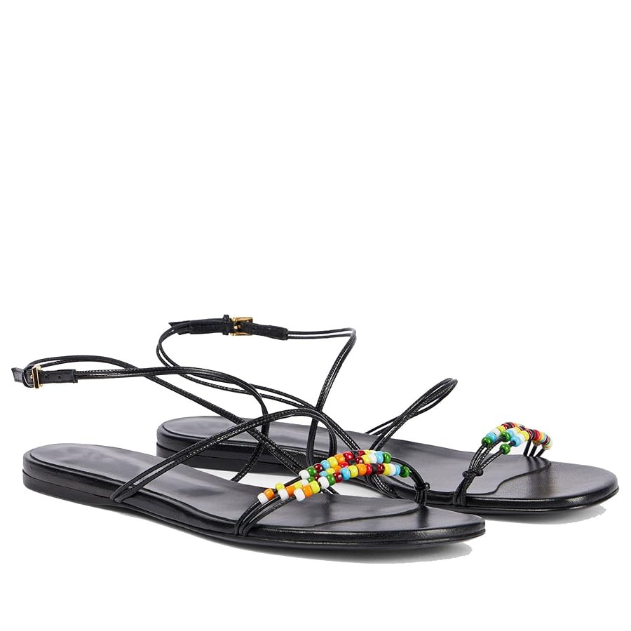 Open Toe Flat Sandals for Women Strappy Beaded Ankle Buckle Summer Beach Dress Sandals Shoes | Amazon (US)