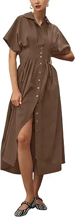 Yeokou Shirt Dress for Women Summer Casual Short Sleeve Button Down Loose Pleated Maxi Sundress w... | Amazon (US)