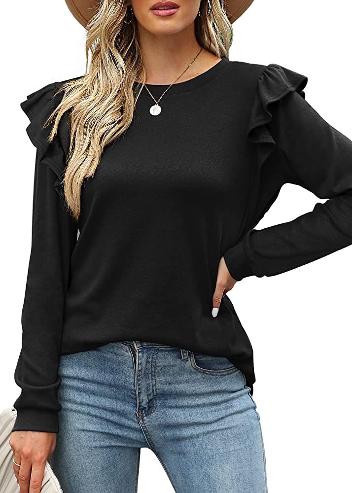 Dofaoo Long Sleeve Shirts for Women Casual Crewneck Ruffle Tops Loose Fit | Amazon (US)