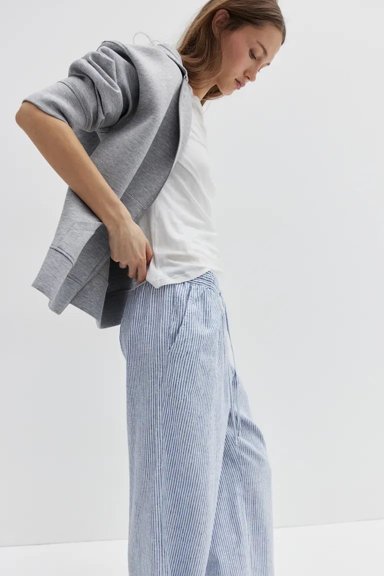 Linen-blend Pants - Regular waist - Long - Blue/striped - Ladies | H&M US | H&M (US + CA)
