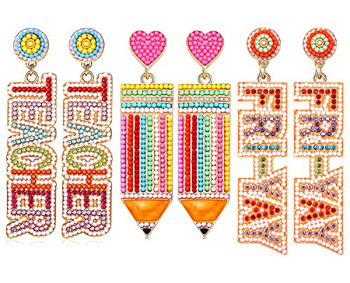 2/3 Pairs Pencil Earrings Teacher Earrings for Women Rhinestone Beaded Dangle Drop Earring Colorful Teacher Appreciation Gift Teacher Set (3 Pairs D) | Amazon (US)