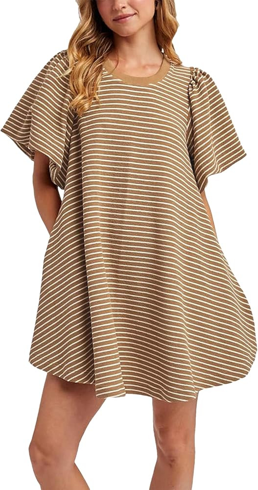 Zontroldy Women's Summer Casual Striped A Line Flowy Dress Crew Neck Puff Sleeve Sundress with Po... | Amazon (US)